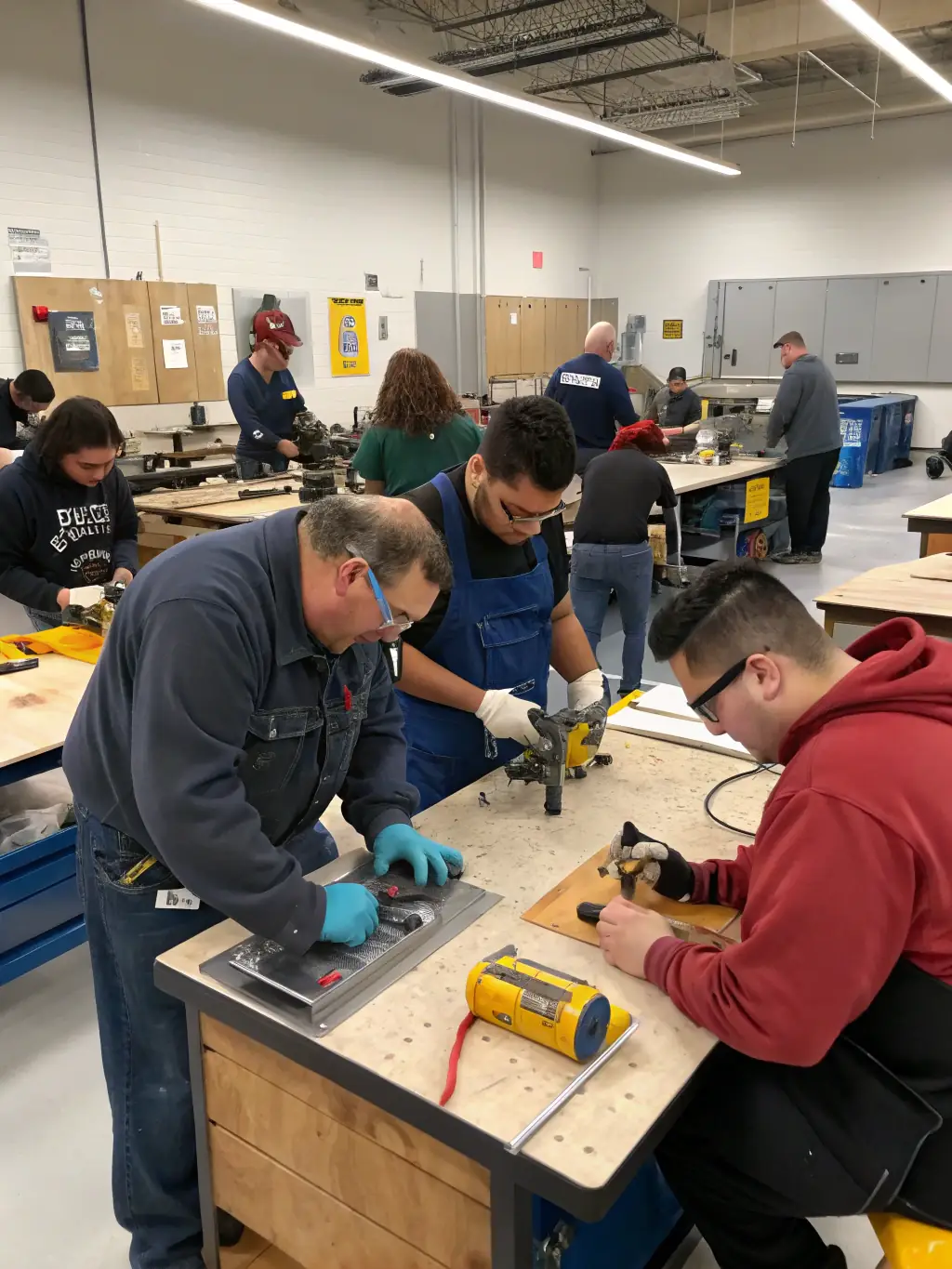 A diverse group of adults participating in a vocational training workshop, focused on learning new skills with modern equipment, set in a bright and supportive environment.