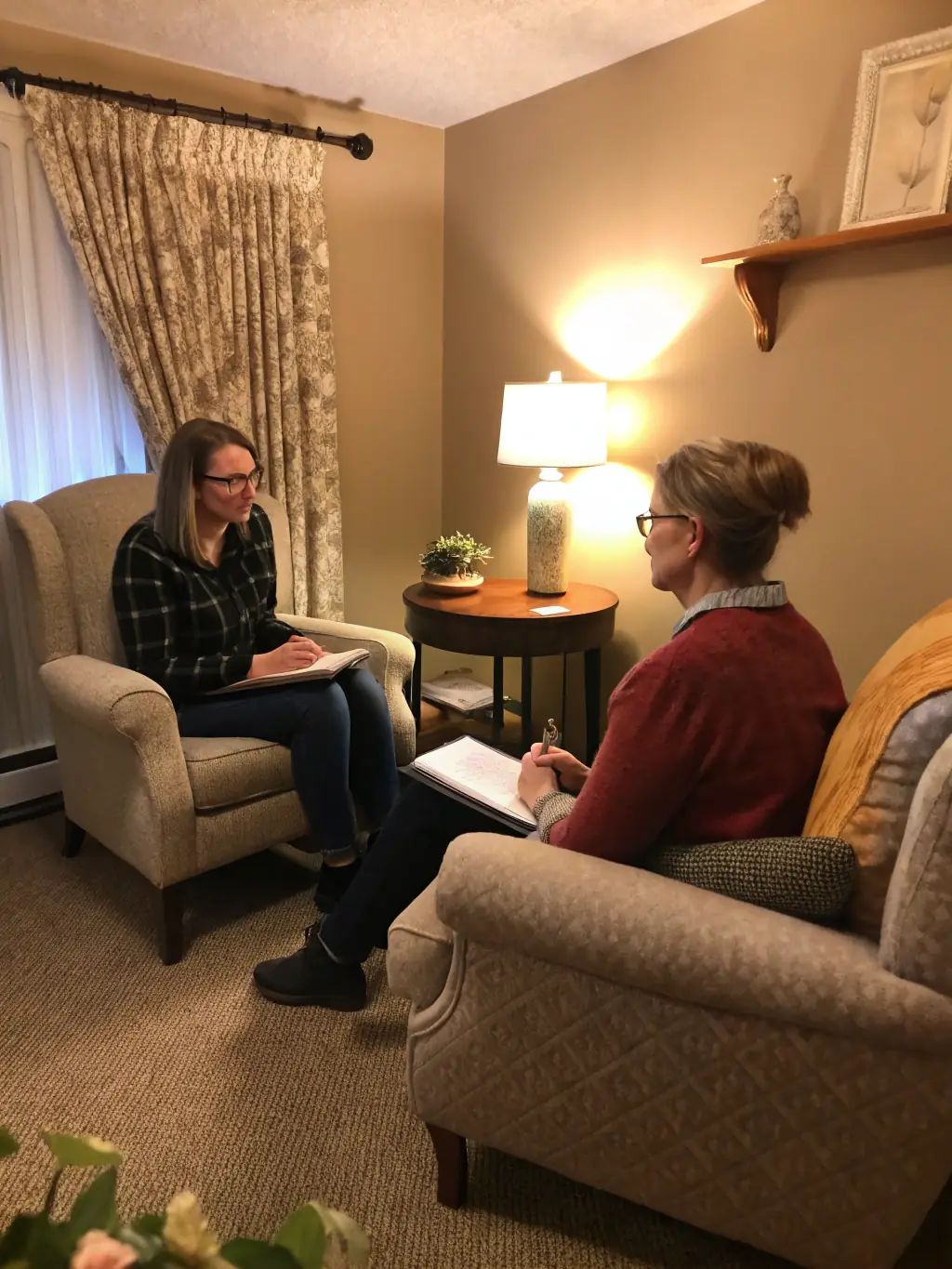 A counselor providing behavioral health support to a young adult in a comfortable office setting, emphasizing empathy and a supportive atmosphere.