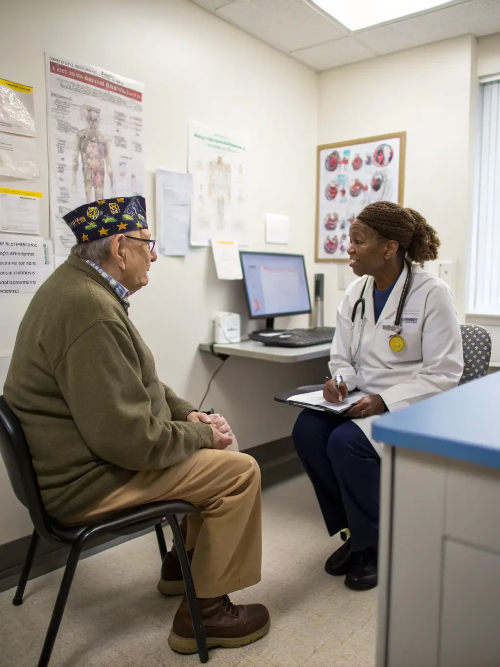A veteran receiving guidance from a career counselor, reviewing job opportunities on a computer, with an emphasis on support and encouragement.